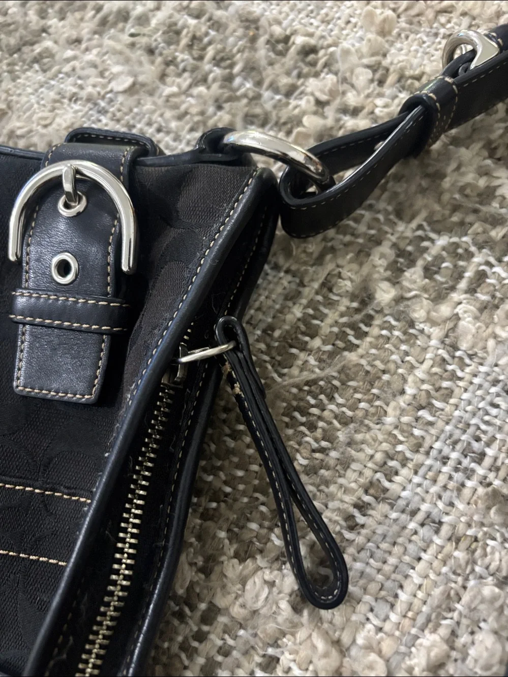 Coach‎ Black Signature Canvas Shoulder Hobo with Buckle Accents